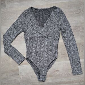 Gray Ribbed Long Sleeve Bodysuit